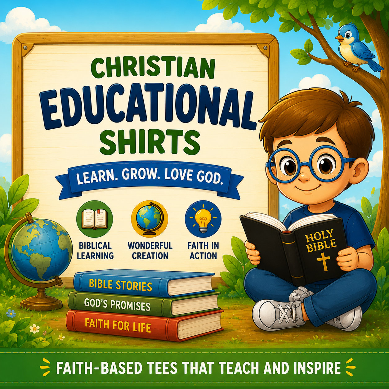 Christian educational shirts for kids featuring Bible learning themes, scripture-based lessons, and faith-filled designs that make learning about God fun.