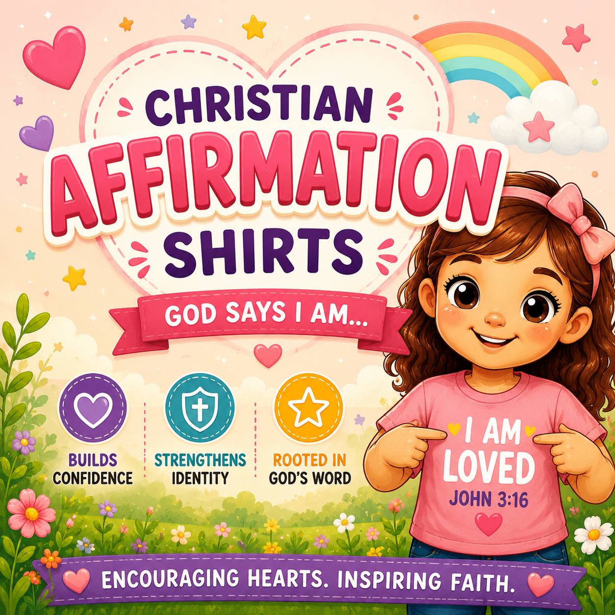 Christian affirmation shirts for kids featuring uplifting faith-based messages that build confidence, identity in Christ, courage, and kindness.
