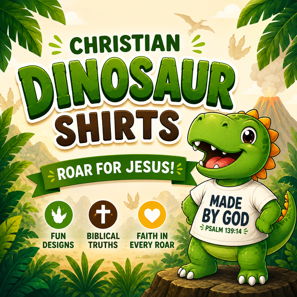 Christian dinosaur shirts for kids featuring faith-filled dinosaur characters, Bible-inspired messages, and fun Christian apparel for toddlers and young children.