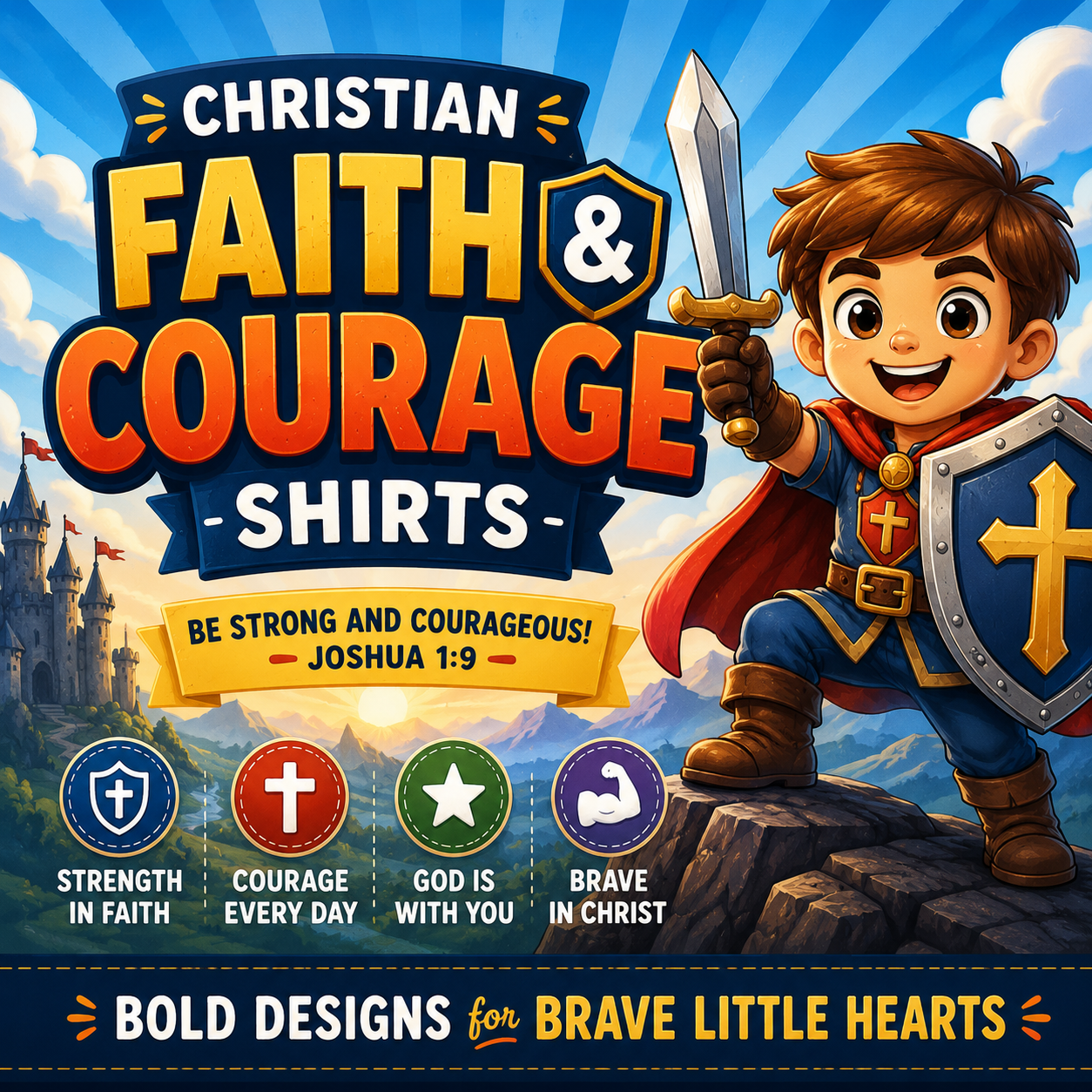 Christian faith and courage shirts for kids designed to inspire bravery, strong character, biblical values, and trust in God through fun Christian designs.