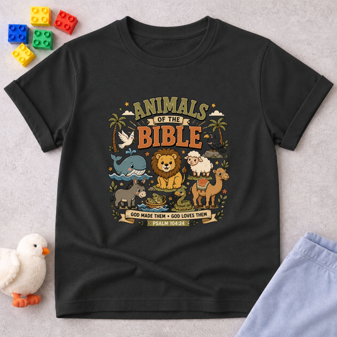 Animals of The Bible Christian kids shirt in black featuring Bible animal illustrations and educational faith design
