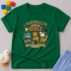 Animals of The Bible Christian kids shirt in green featuring Bible animal illustrations and educational faith design
