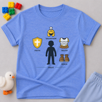 Armor Of Faith Christian kids shirt in Blue featuring symbols representing salvation faith truth and peace