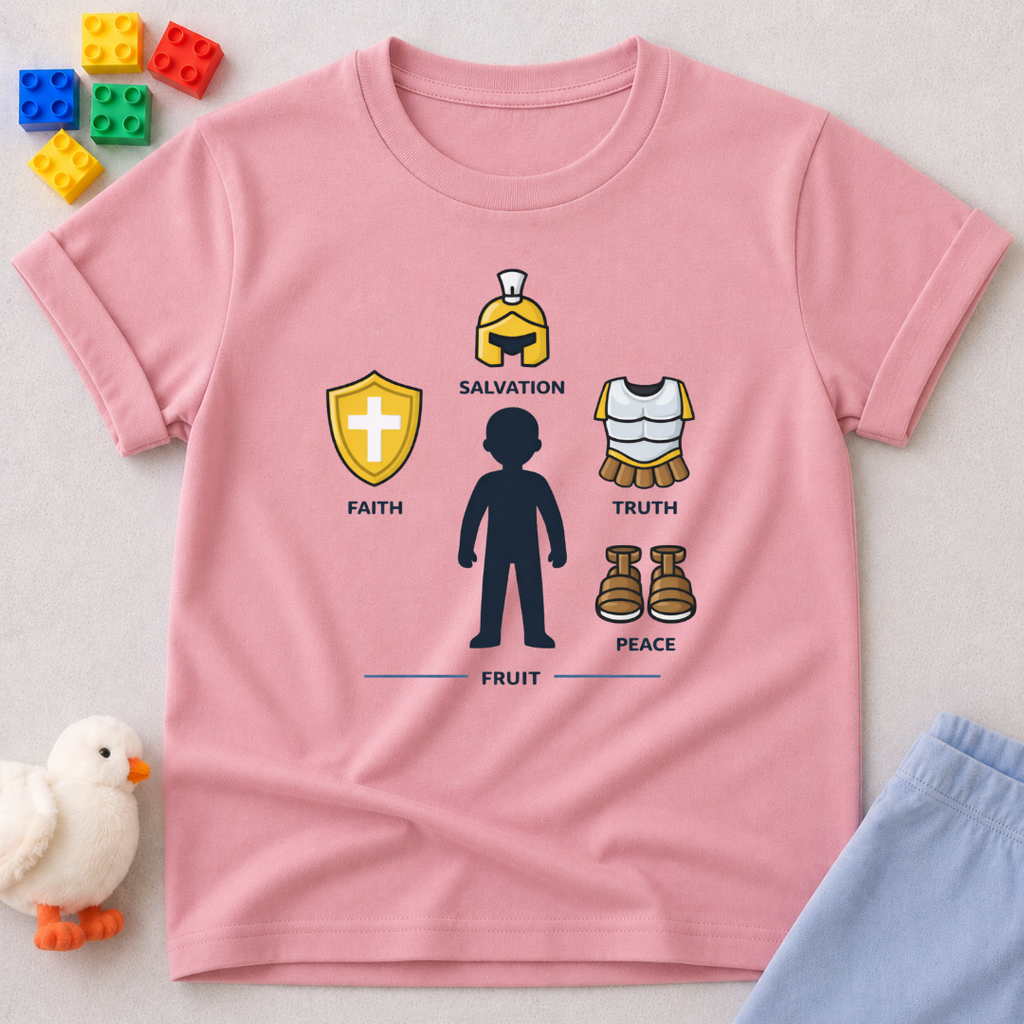Armor Of Faith Christian kids shirt in Pink featuring symbols representing salvation faith truth and peace