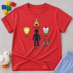 Armor Of Faith Christian kids shirt in Red featuring symbols representing salvation faith truth and peace