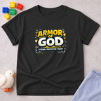 Armor of God Strong Ready Shirt Christian kids shirt in Black featuring bold Armor of God typography