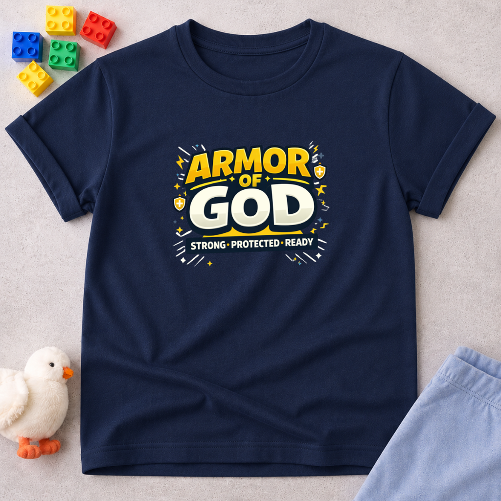 Armor of God Strong Ready Shirt Christian kids shirt in Navy featuring bold Armor of God typography