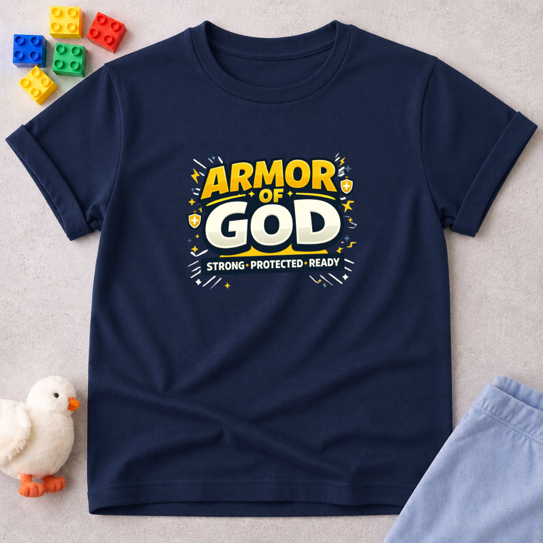 Armor of God Strong Ready Shirt Christian kids shirt in Navy featuring bold Armor of God typography