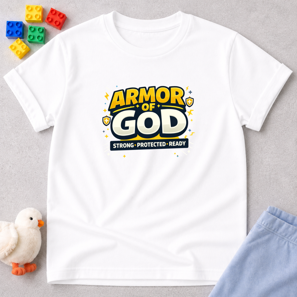 Armor of God Strong Ready Shirt Christian kids shirt in White featuring bold Armor of God typography
