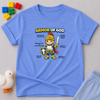 Armor of God Warrior Shirt Christian kids shirt in Blue featuring a child warrior wearing the Armor of God