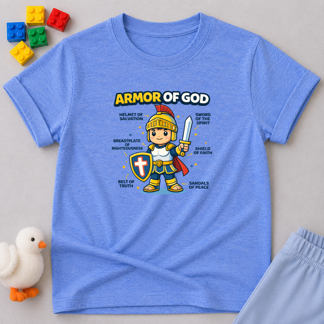 Armor of God Warrior Shirt Christian kids shirt in Blue featuring a child warrior wearing the Armor of God