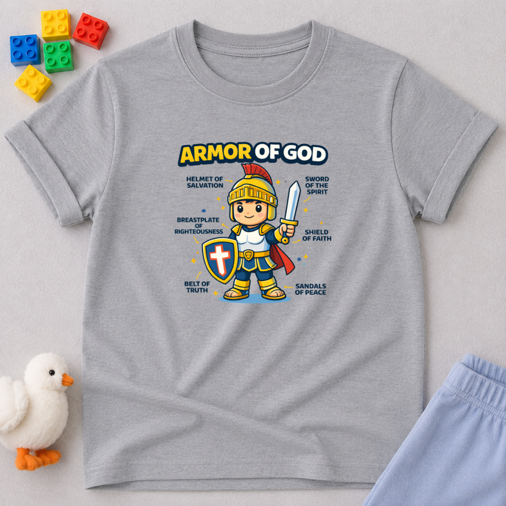 Armor of God Warrior Shirt Christian kids shirt in Gray featuring a child warrior wearing the Armor of God