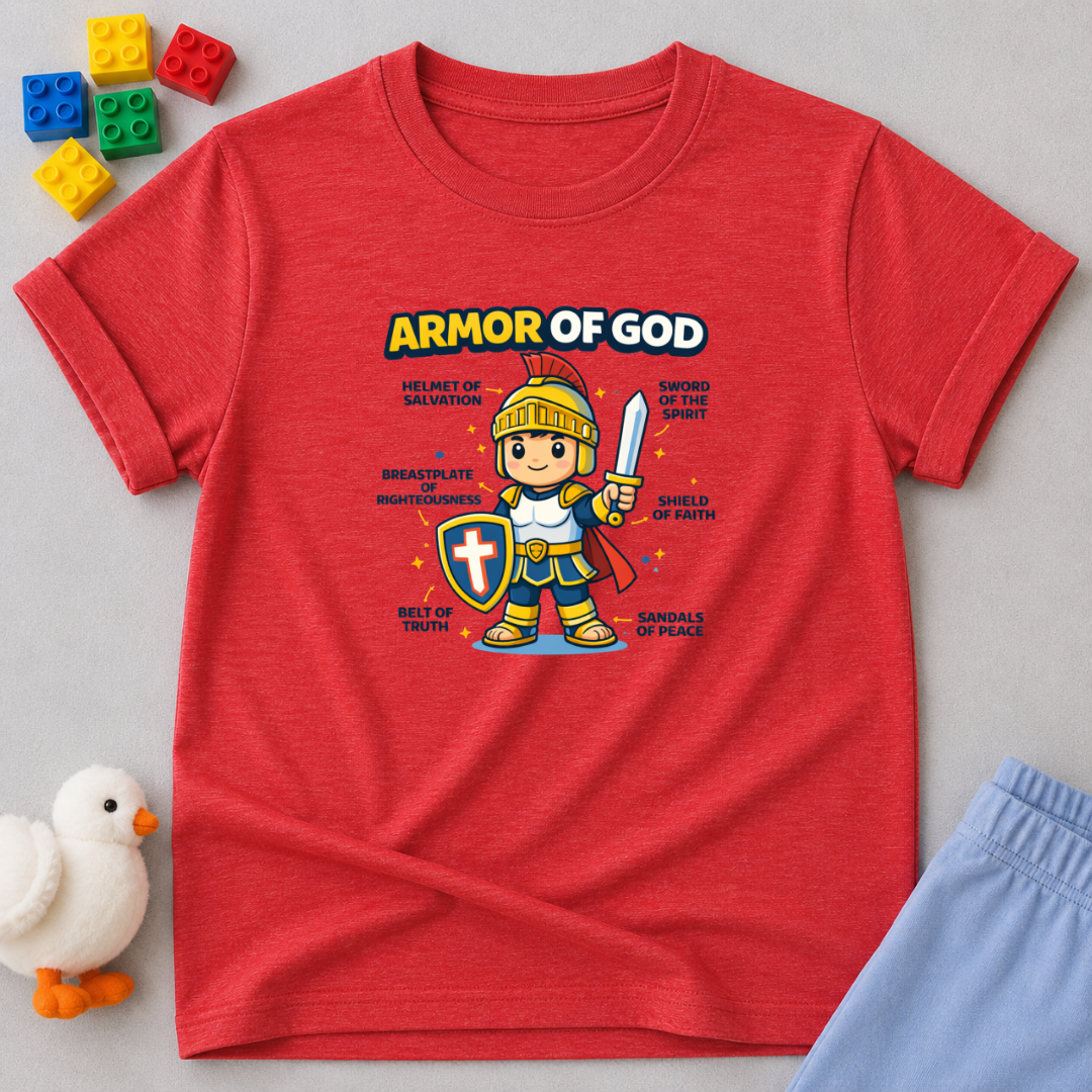 Armor of God Warrior Shirt Christian kids shirt in Red featuring a child warrior wearing the Armor of God