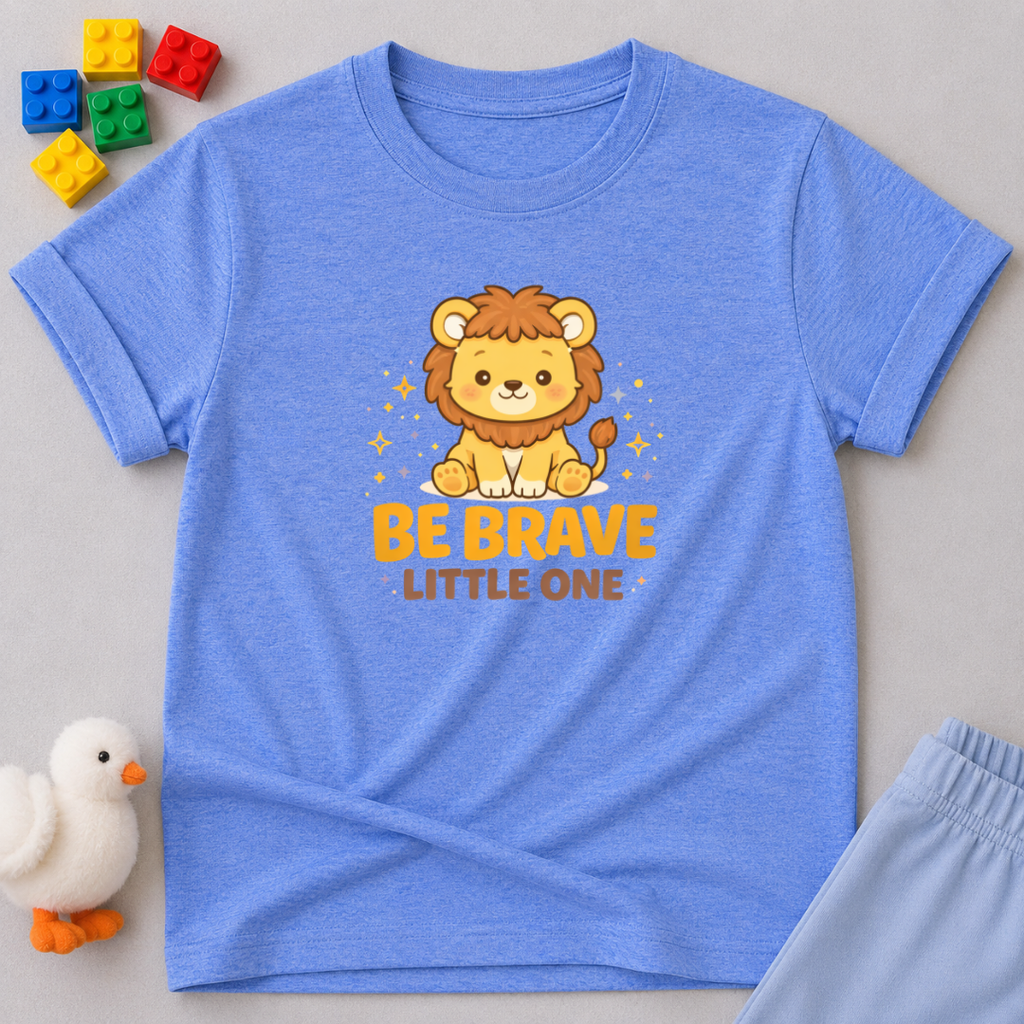 Be Brave Little One Shirt Christian kids shirt in Heather Columbia Blue featuring a cute lion cub and courage-themed faith design