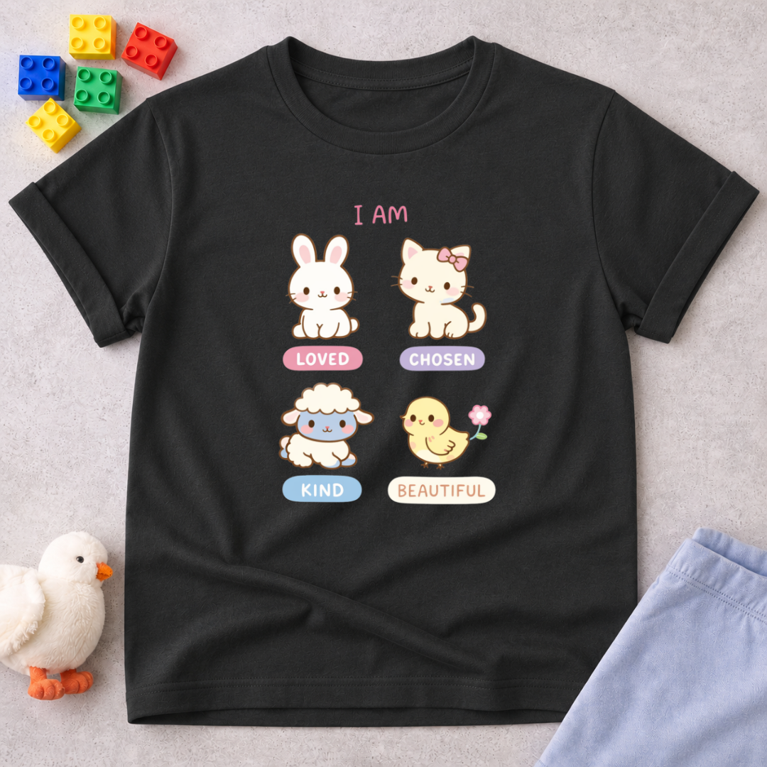 Beautiful Through Gods Love Christian kids shirt in Black featuring cute animal characters and faith affirmations