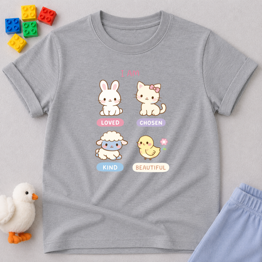 Beautiful Through Gods Love Christian kids shirt in Gray featuring cute animal characters and faith affirmations