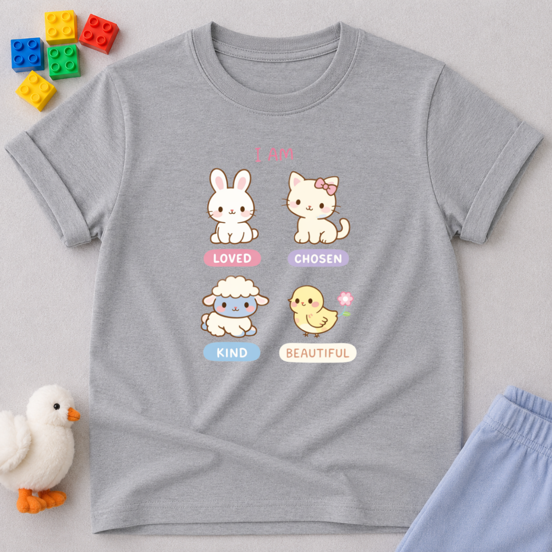 Beautiful Through Gods Love Christian kids shirt in Gray featuring cute animal characters and faith affirmations