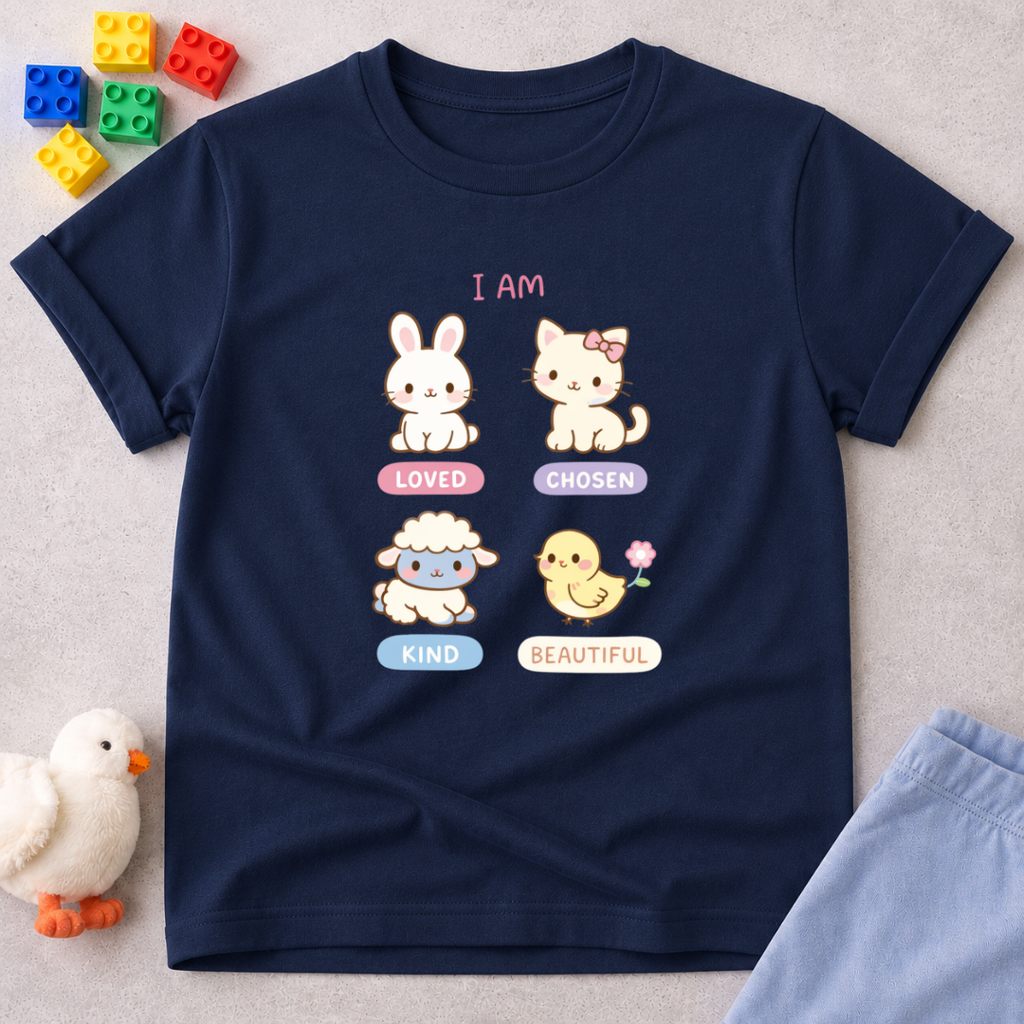 Beautiful Through Gods Love Christian kids shirt in Navy featuring cute animal characters and faith affirmations