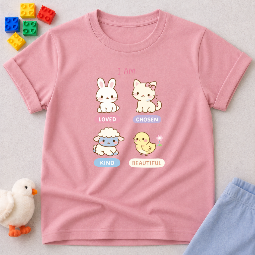 Beautiful Through Gods Love Christian kids shirt in Pink featuring cute animal characters and faith affirmations