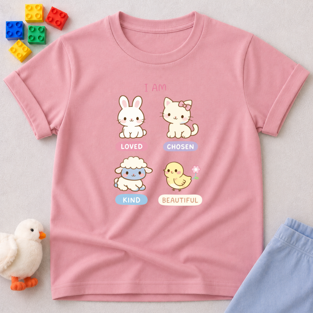 Beautiful Through Gods Love Christian kids shirt in Pink featuring cute animal characters and faith affirmations