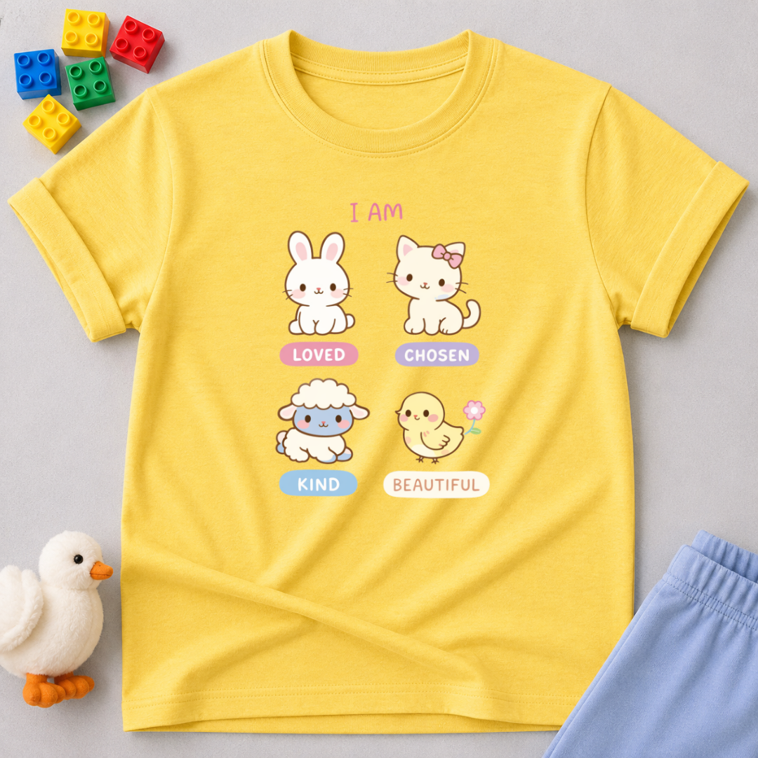 Beautiful Through Gods Love Christian kids shirt in Yellow featuring cute animal characters and faith affirmations
