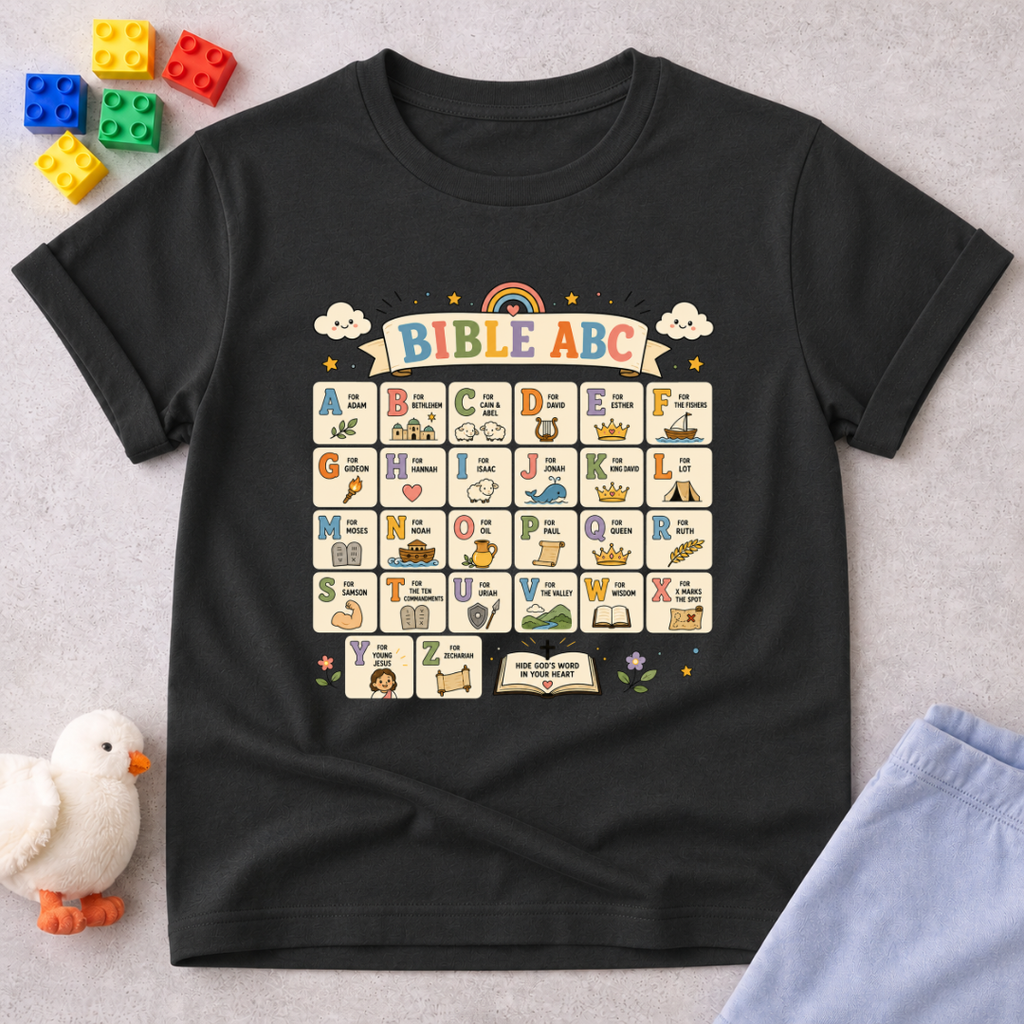 Bible ABC Learning Christian kids shirt in black featuring alphabet learning and Bible-themed educational illustrations
