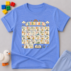 Bible ABC Learning Christian kids shirt in blue featuring alphabet learning and Bible-themed educational illustrations
