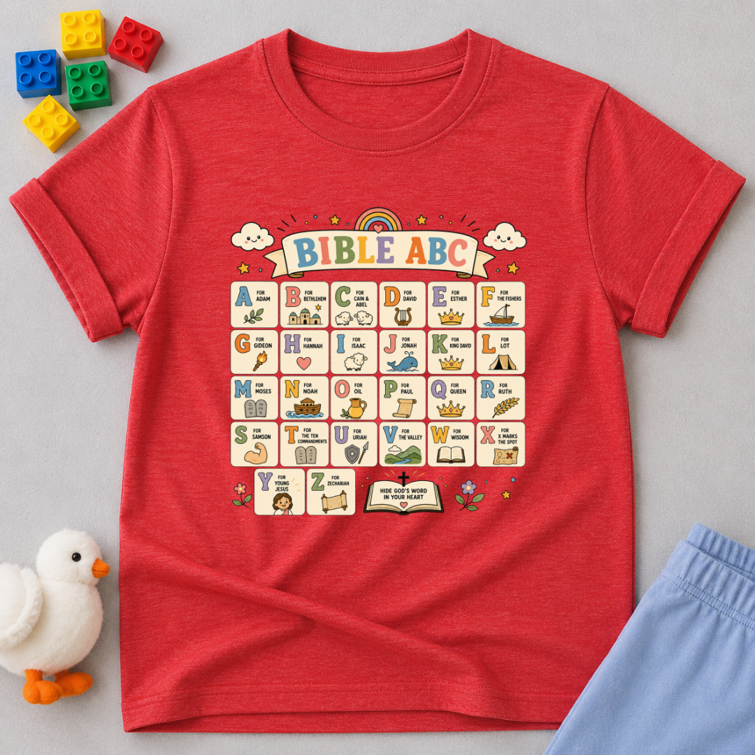 Bible ABC Learning Christian kids shirt in red featuring alphabet learning and Bible-themed educational illustrations
