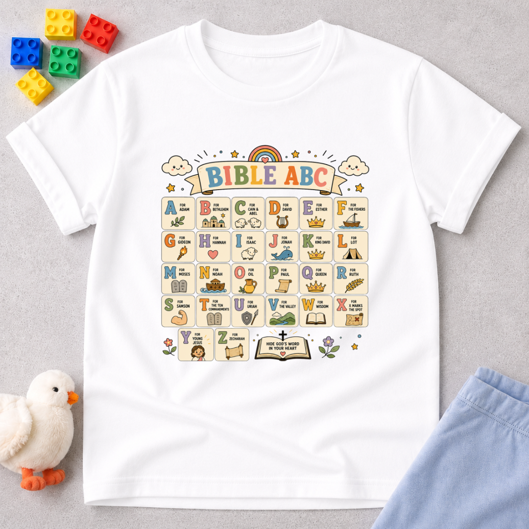 Bible ABC Learning Christian kids shirt in white featuring alphabet learning and Bible-themed educational illustrations
