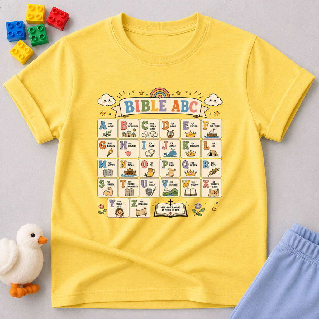 Bible ABC Learning Christian kids shirt in yellow featuring alphabet learning and Bible-themed educational illustrations
