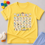 Bible ABC Learning Christian kids shirt in yellow featuring alphabet learning and Bible-themed educational illustrations
