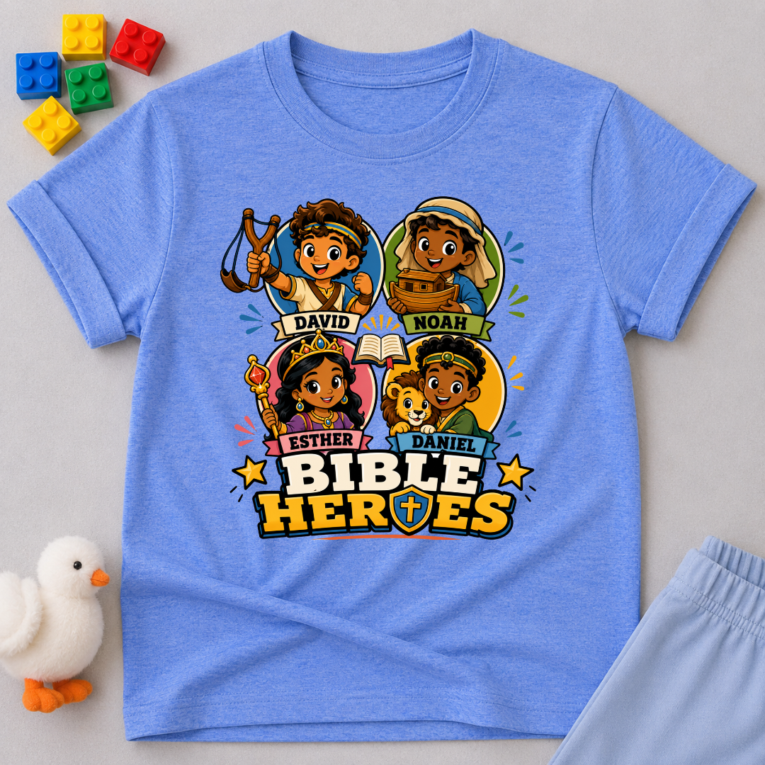 Bible Heroes Adventure Christian kids shirt in blue featuring David, Noah, Esther, and Daniel in colorful artwork
