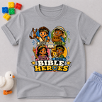 Bible Heroes Adventure Christian kids shirt in gray featuring David, Noah, Esther, and Daniel in colorful artwork
