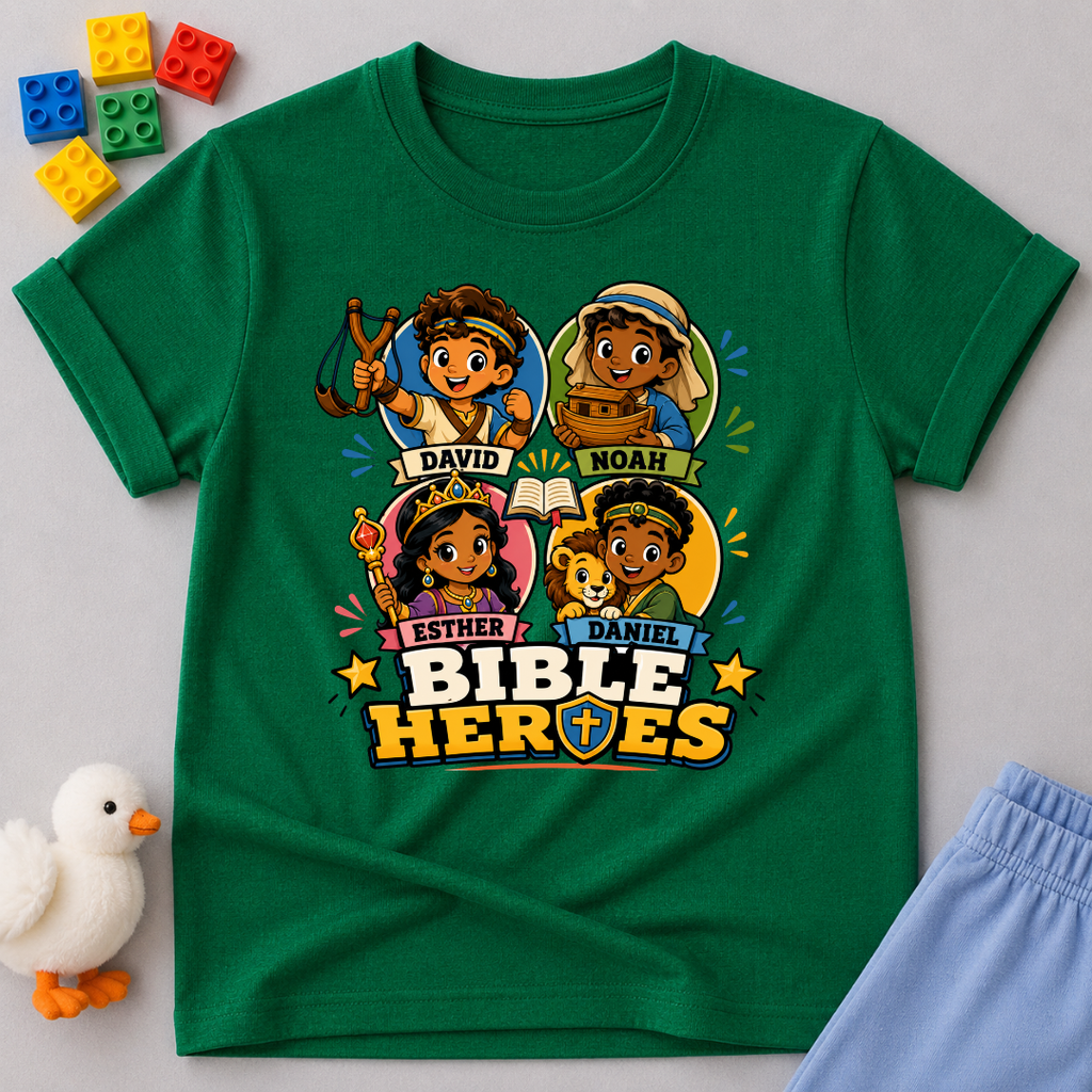 Bible Heroes Adventure Christian kids shirt in green featuring David, Noah, Esther, and Daniel in colorful artwork
