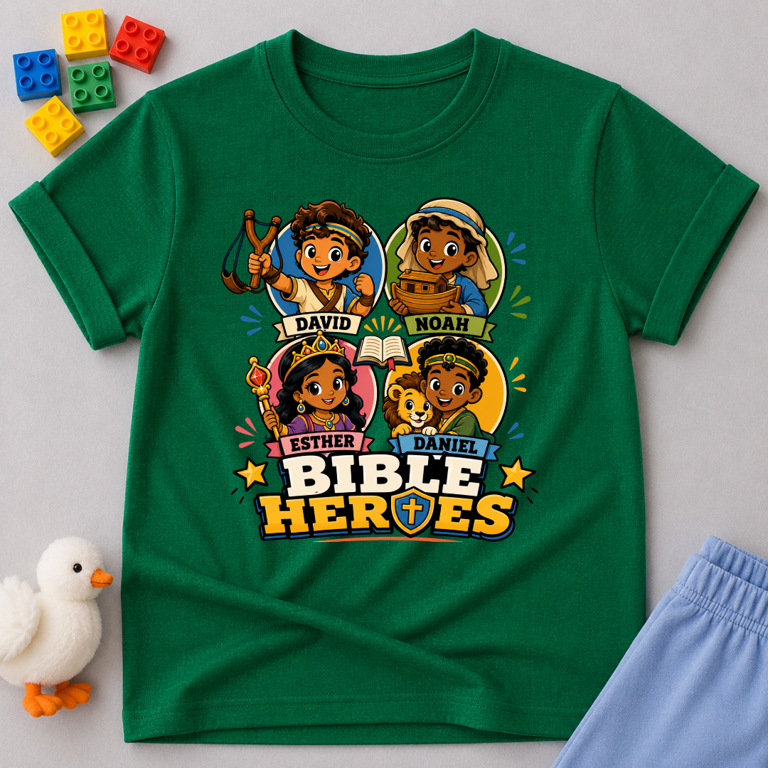 Bible Heroes Adventure Christian kids shirt in green featuring David, Noah, Esther, and Daniel in colorful artwork
