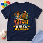 Bible Heroes Adventure Christian kids shirt in navy featuring David, Noah, Esther, and Daniel in colorful artwork
