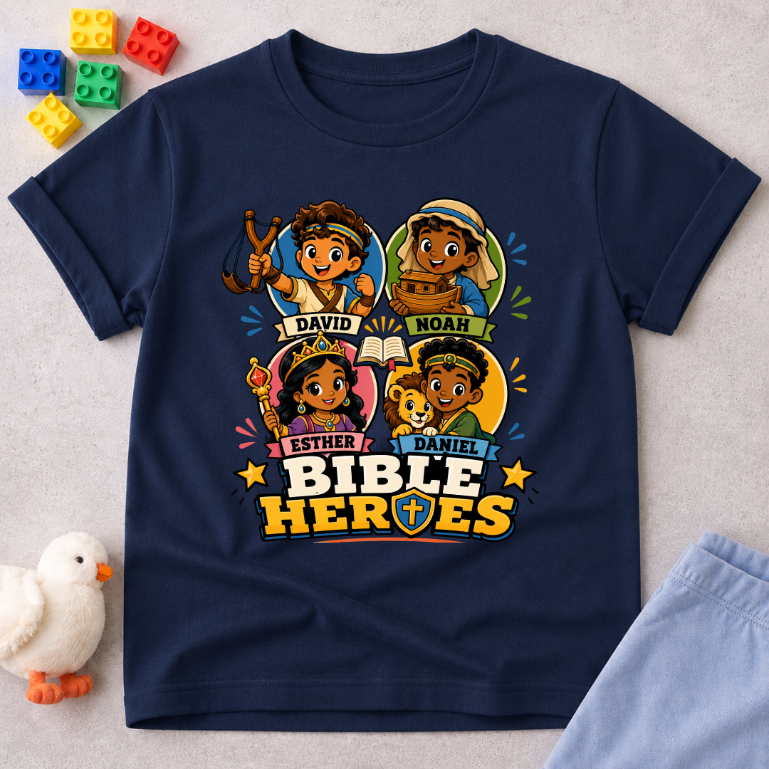 Bible Heroes Adventure Christian kids shirt in navy featuring David, Noah, Esther, and Daniel in colorful artwork
