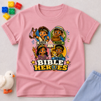 Bible Heroes Adventure Christian kids shirt in pink featuring David, Noah, Esther, and Daniel in colorful artwork

