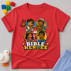 Bible Heroes Adventure Christian kids shirt in red featuring David, Noah, Esther, and Daniel in colorful artwork
