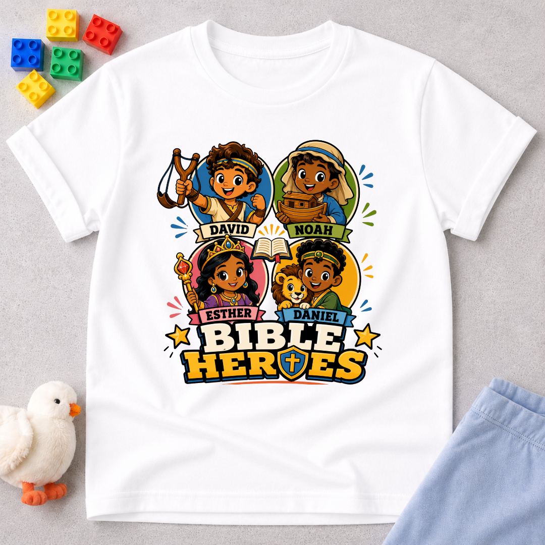 Bible Heroes Adventure Christian kids shirt in white featuring David, Noah, Esther, and Daniel in colorful artwork