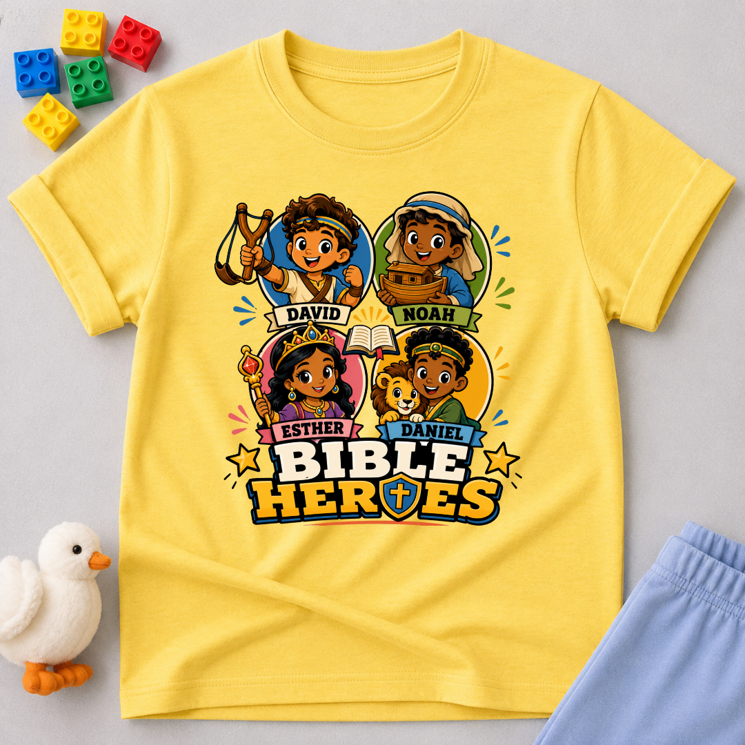Bible Heroes Adventure Christian kids shirt in yellow featuring David, Noah, Esther, and Daniel in colorful artwork
