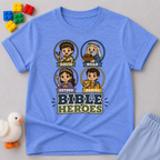Bible Heroes Portraits Christian kids shirt in blue featuring David, Noah, Esther, and Daniel
