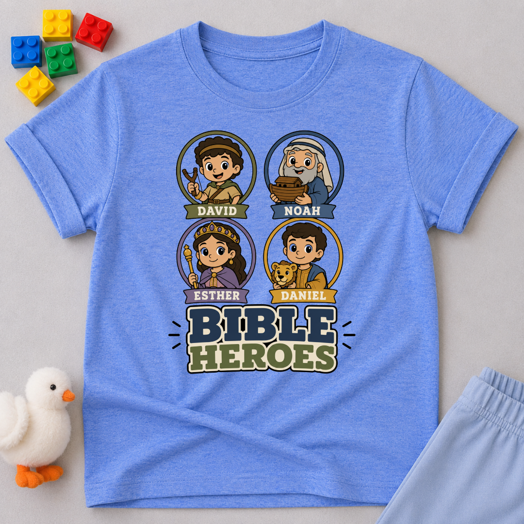 Bible Heroes Portraits Christian kids shirt in blue featuring David, Noah, Esther, and Daniel
