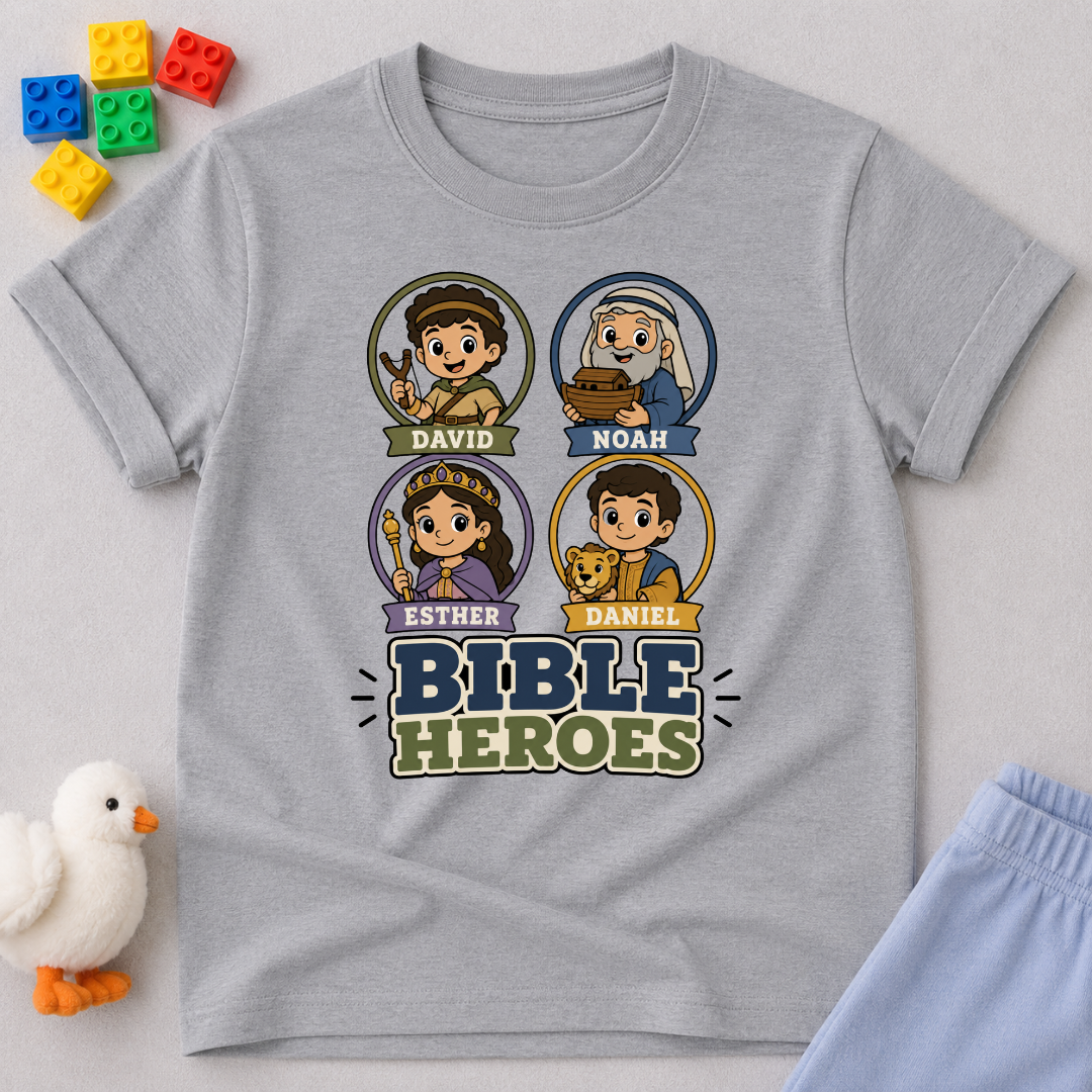 Bible Heroes Portraits Christian kids shirt in gray featuring David, Noah, Esther, and Daniel
