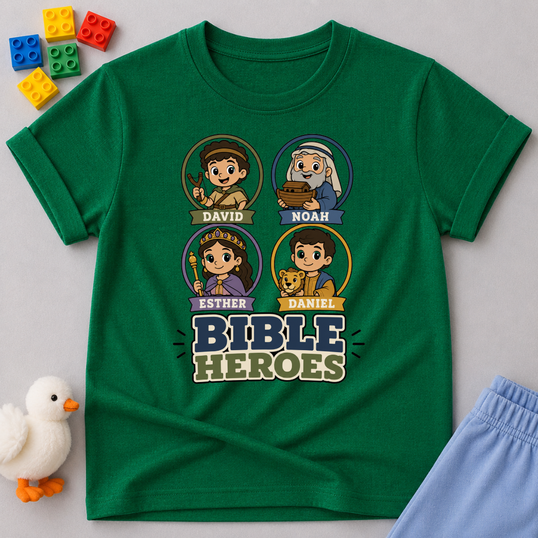 Bible Heroes Portraits Christian kids shirt in green featuring David, Noah, Esther, and Daniel
