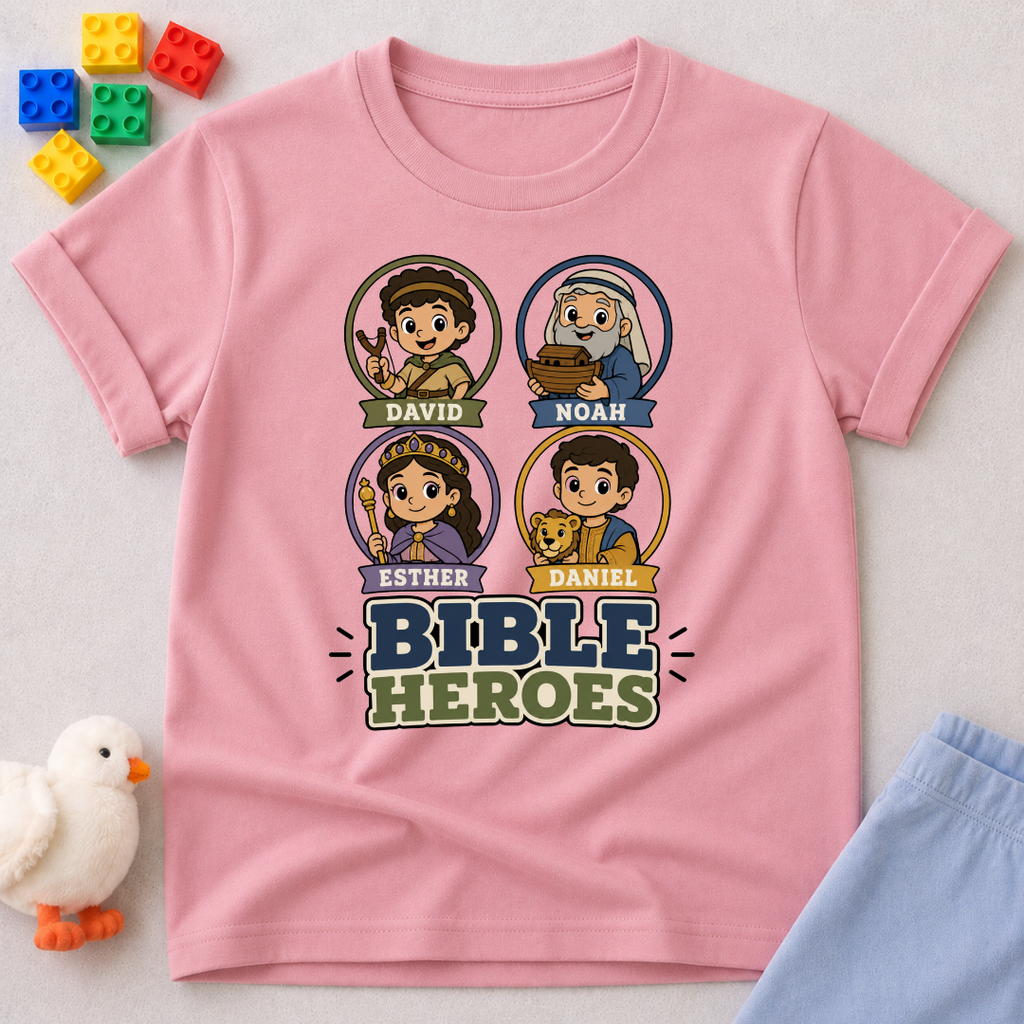 Bible Heroes Portraits Christian kids shirt in pink featuring David, Noah, Esther, and Daniel
