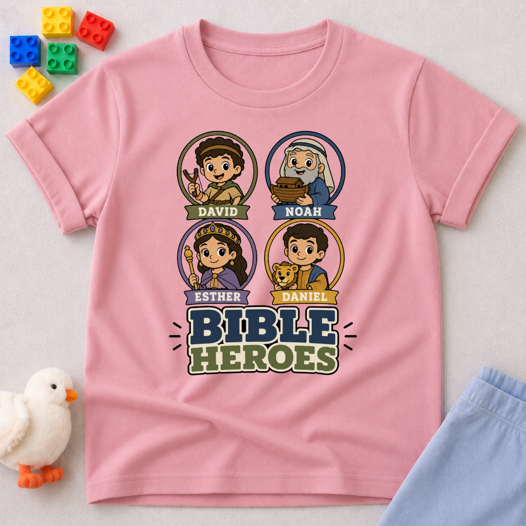 Bible Heroes Portraits Christian kids shirt in pink featuring David, Noah, Esther, and Daniel
