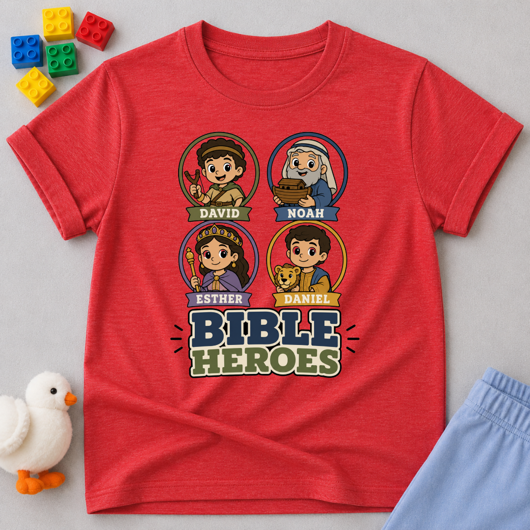 Bible Heroes Portraits Christian kids shirt in red featuring David, Noah, Esther, and Daniel
