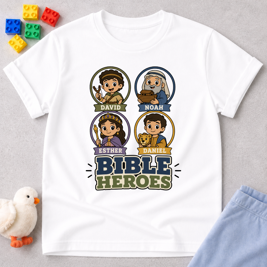 Bible Heroes Portraits Christian kids shirt in white featuring David, Noah, Esther, and Daniel
