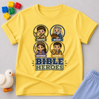 Bible Heroes Portraits Christian kids shirt in yellow featuring David, Noah, Esther, and Daniel

